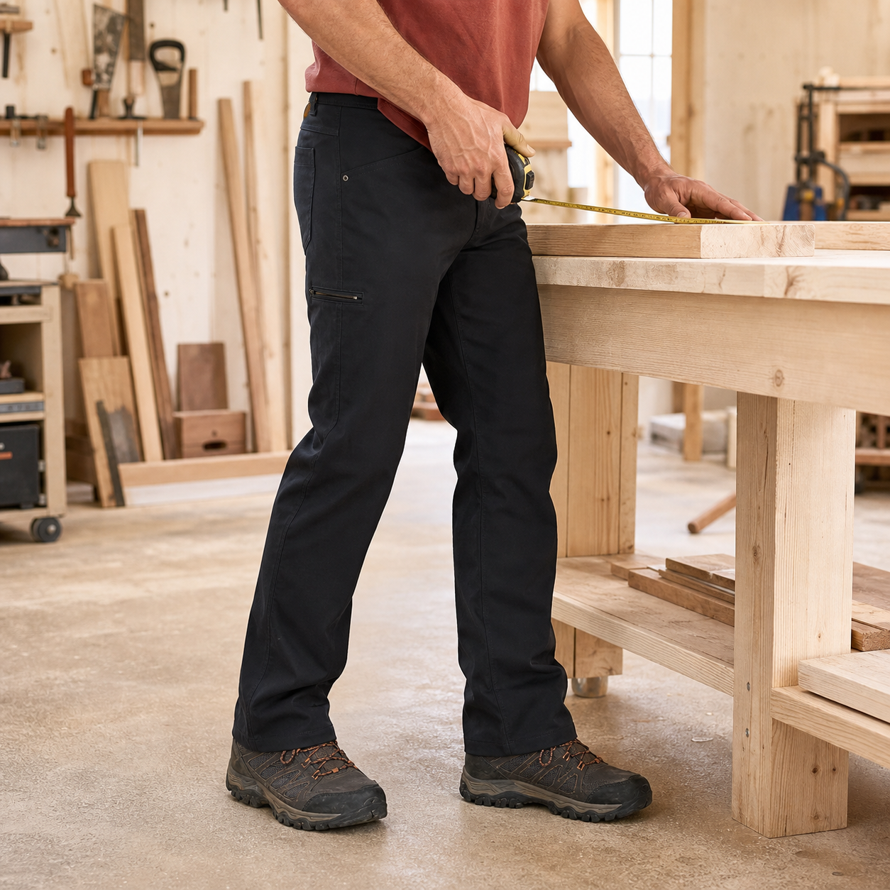 Men's utility stretch pants in a bright woodworking workshop