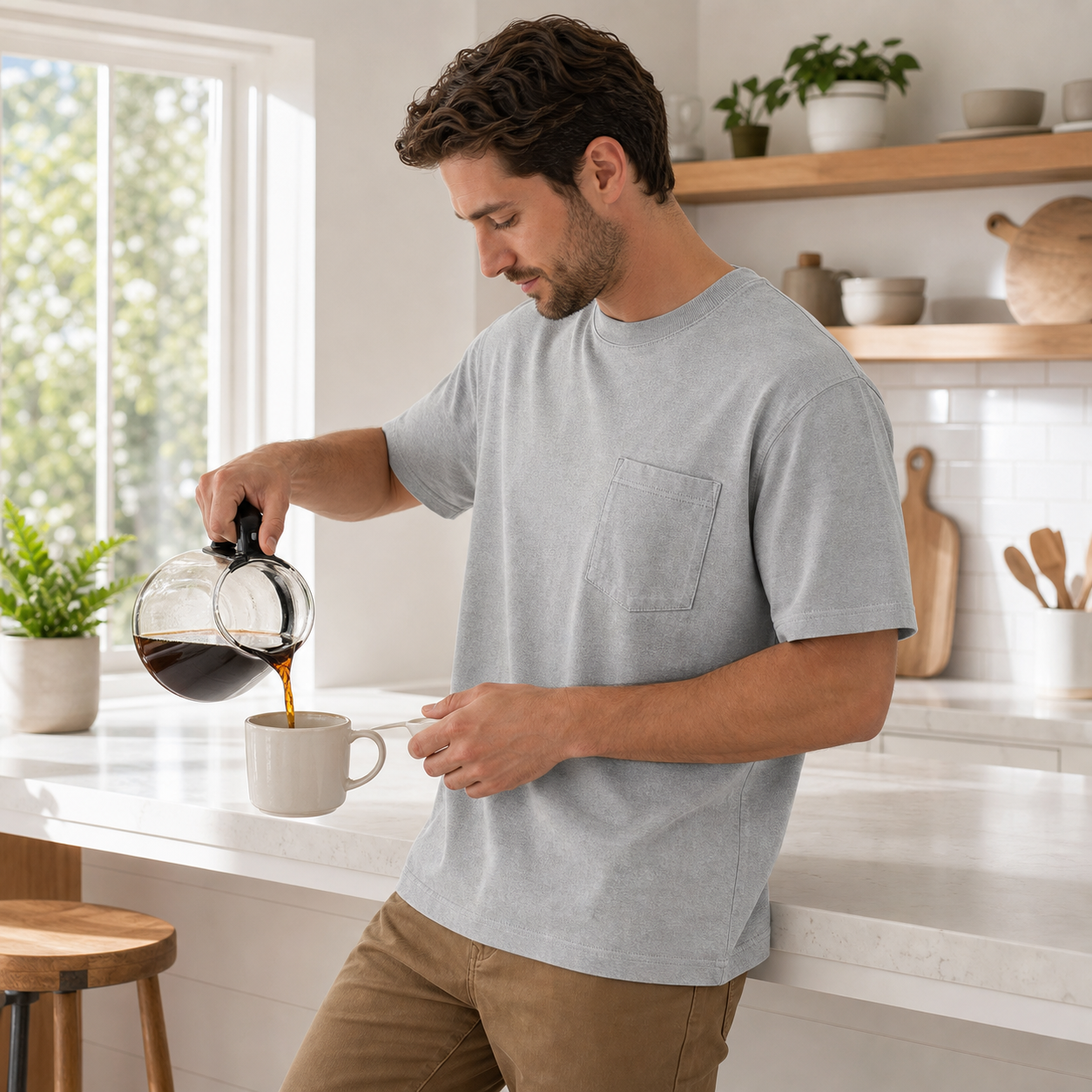 Heather Grey pocket T-shirt in a bright kitchen