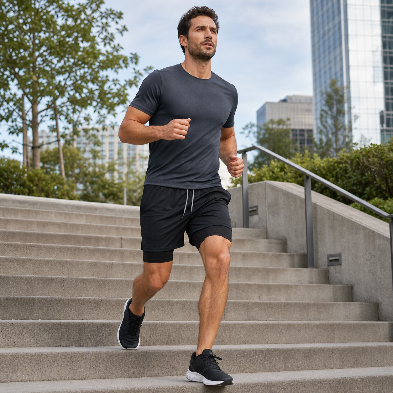 Plain 2-in-1 athletic shorts worn on outdoor training stairs