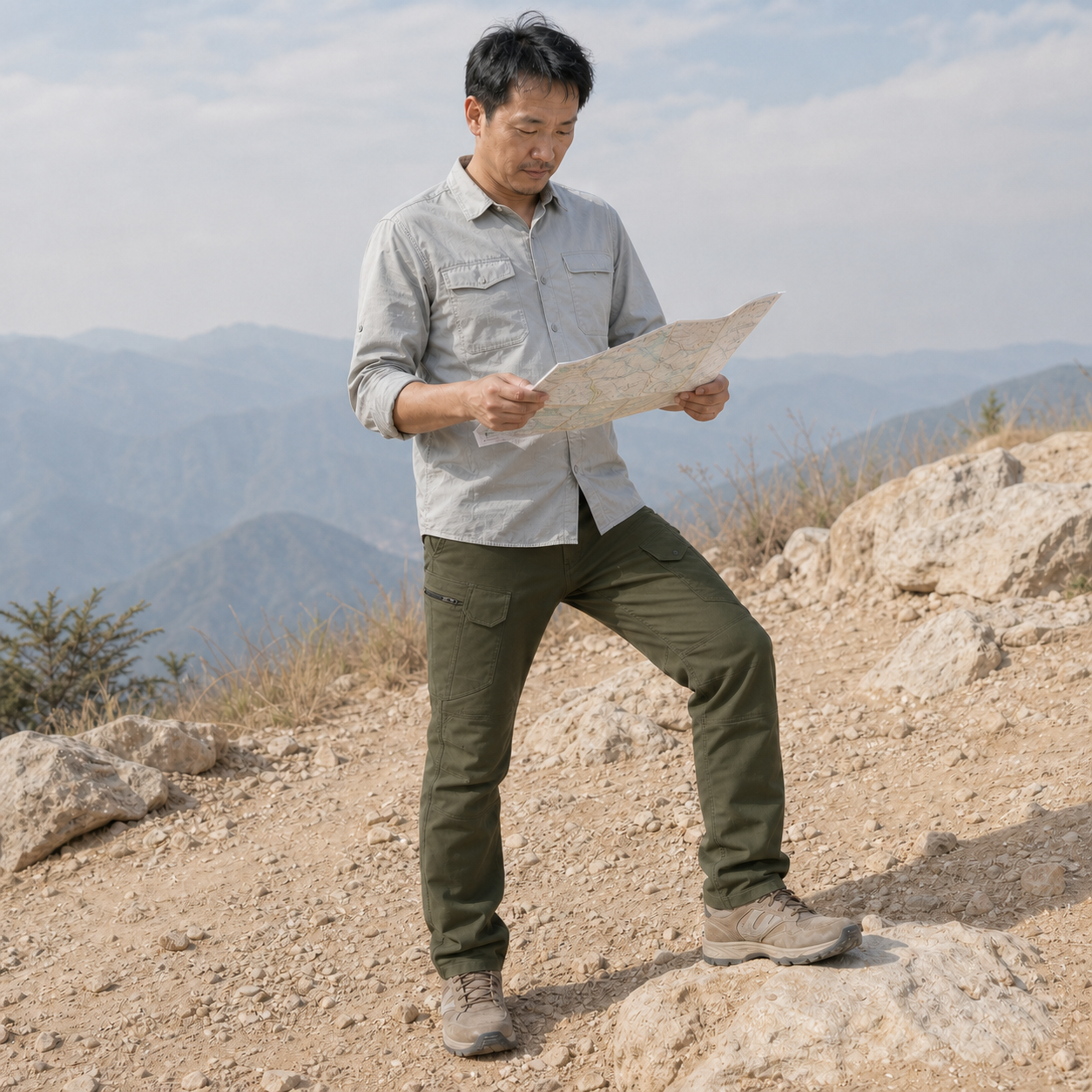 Army Green cargo pants at a bright trail preparation stop