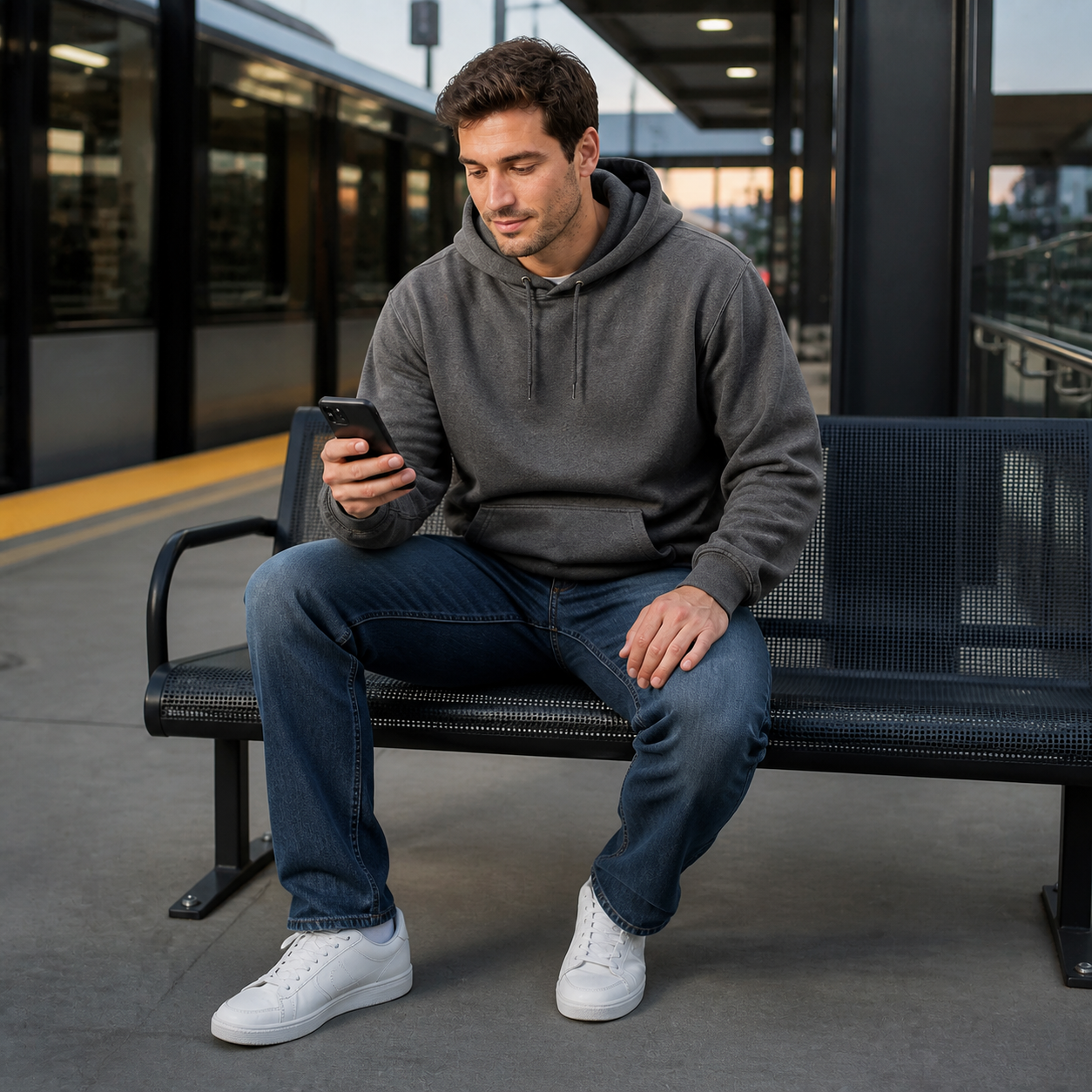 Carbon Heather pullover hoodie at a city train platform