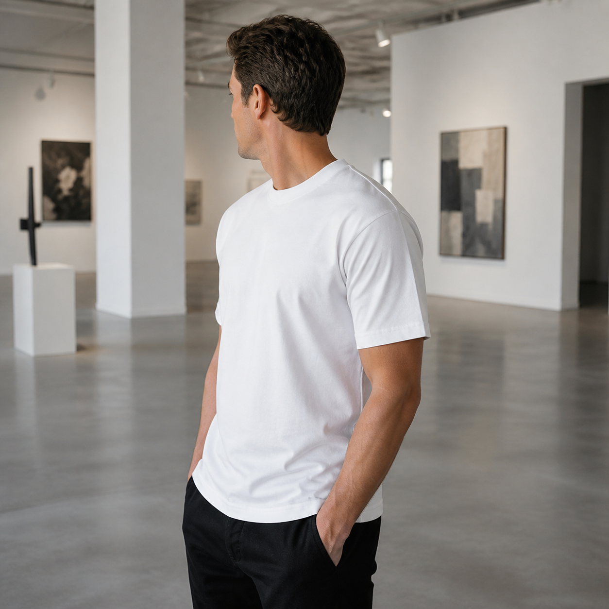 White heavyweight classic-fit T-shirt in an art gallery