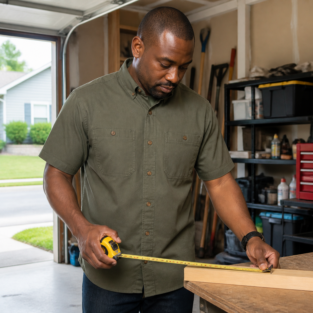 Utility Olive dual-pocket button-down work shirt in a home garage