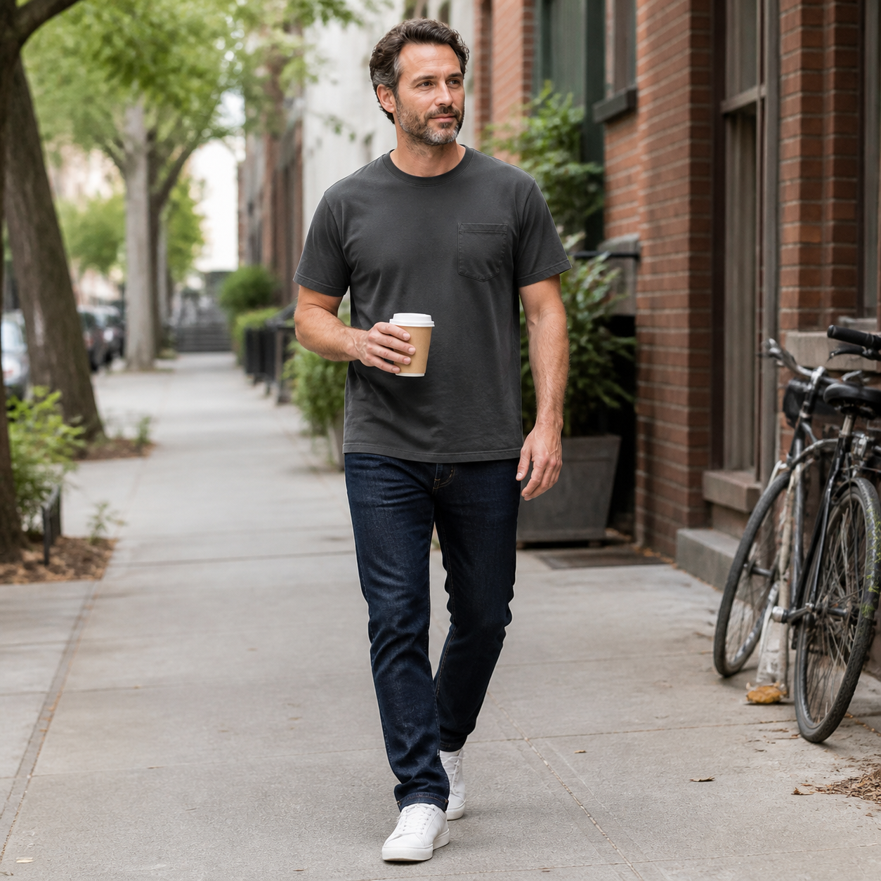 Washed charcoal pocket T-shirt on a neighborhood sidewalk