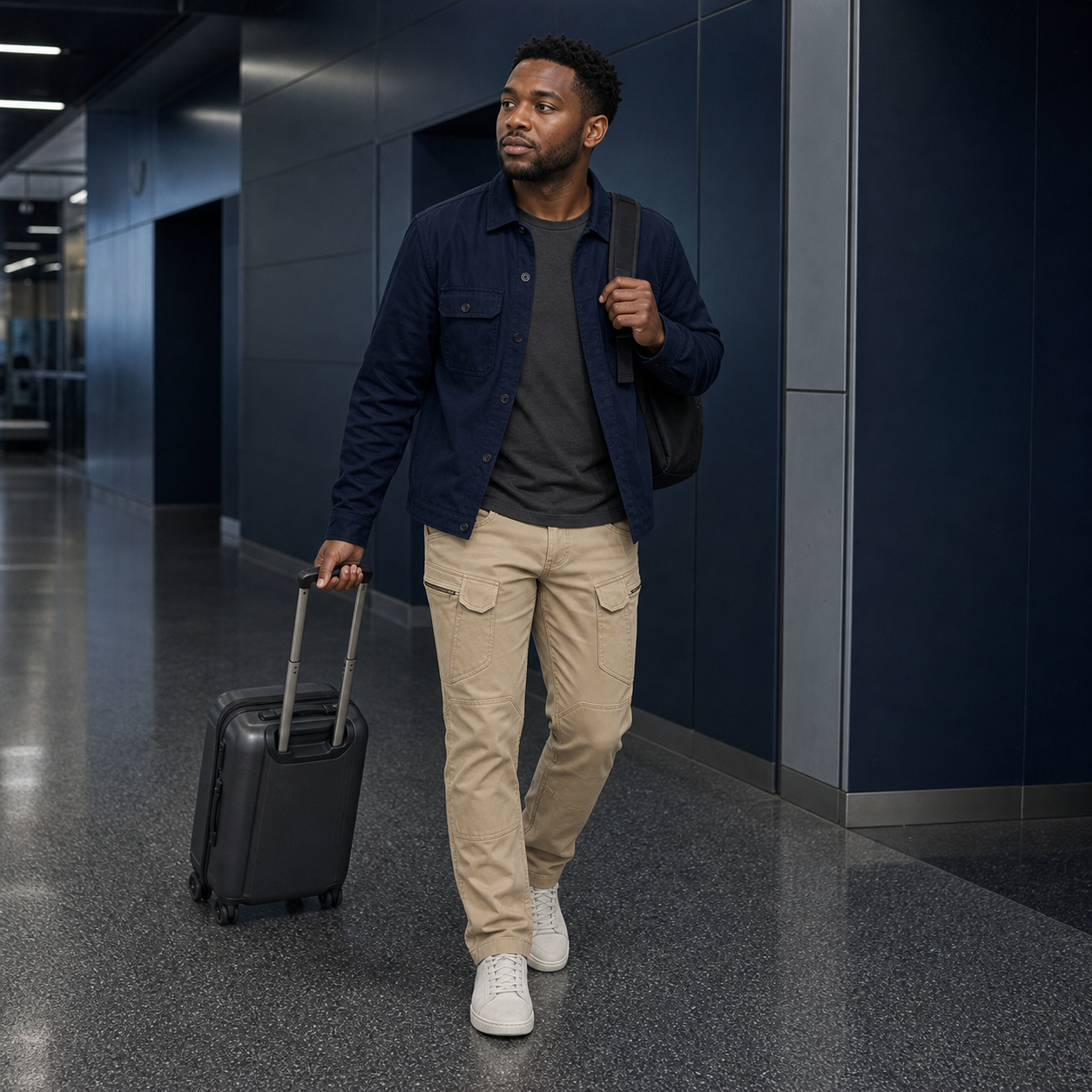 Khaki cargo pants in a high-contrast travel scene