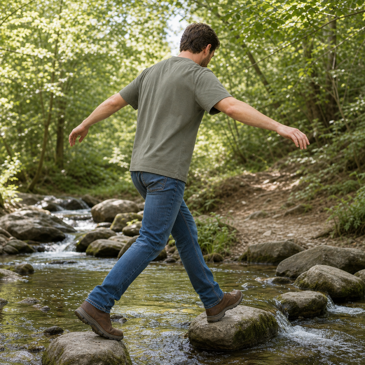 Dusty Olive pocket T-shirt crossing a wooded stream