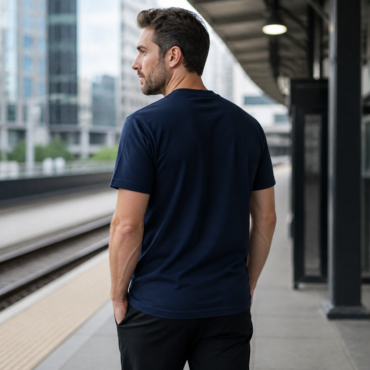 Navy heavyweight classic-fit T-shirt during a city commute