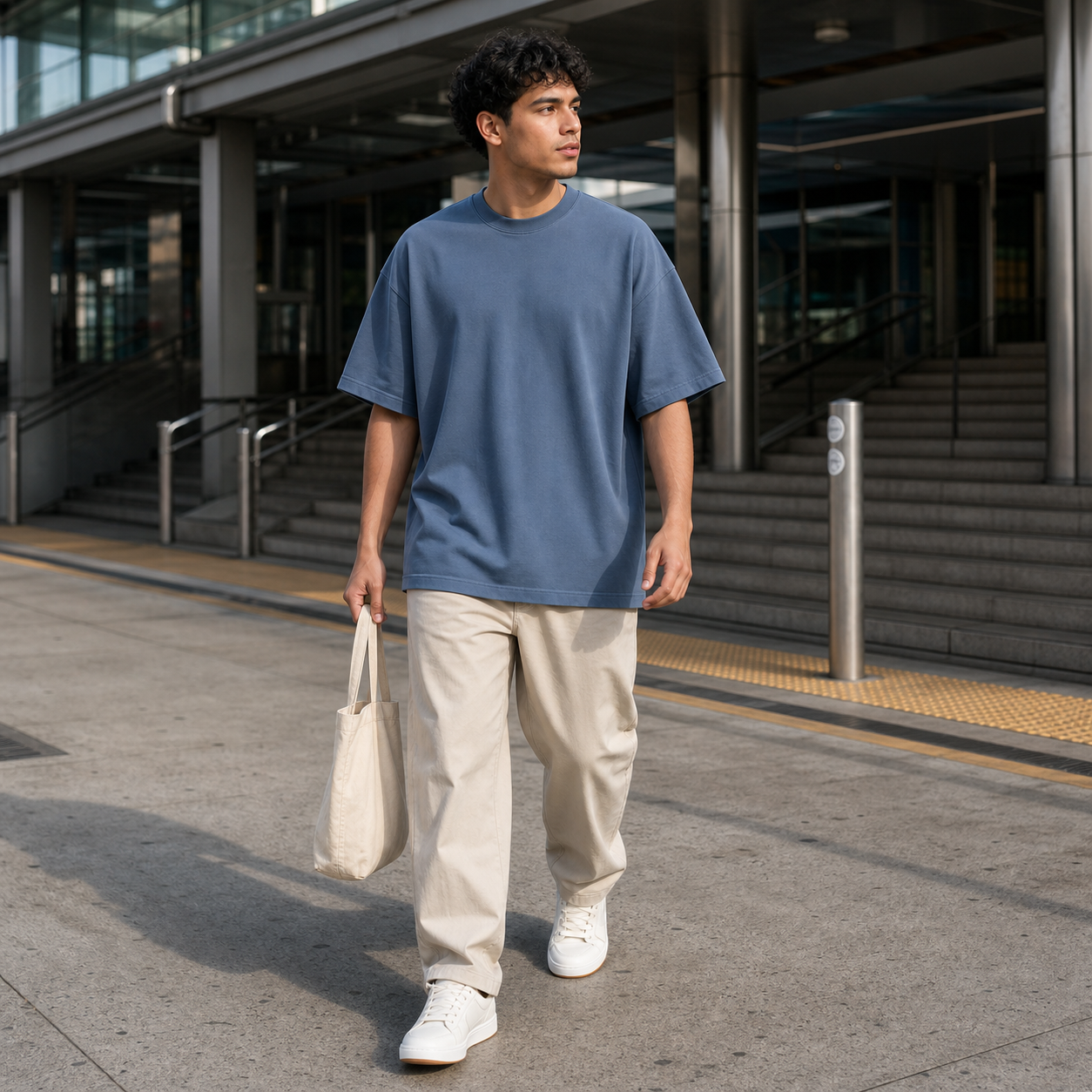 Slate Blue heavyweight oversized cotton T-shirt on a city commute