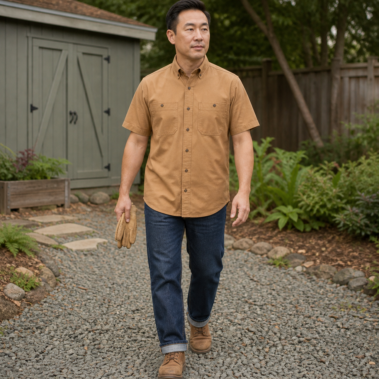 Canvas Tan dual-pocket button-down work shirt on a garden-shed path