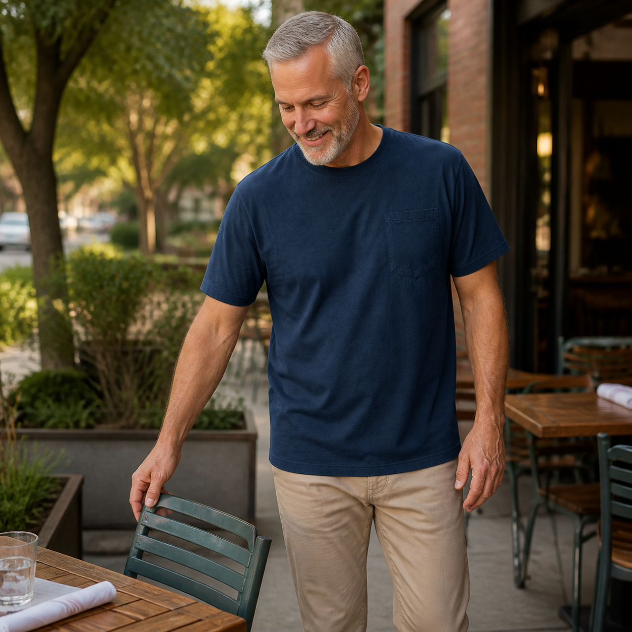 Deep navy pocket T-shirt at a casual outdoor patio