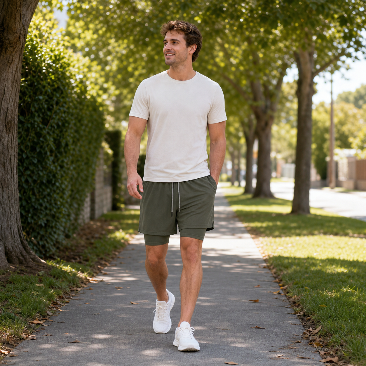 Plain Army Green 2-in-1 athletic shorts during a recovery walk