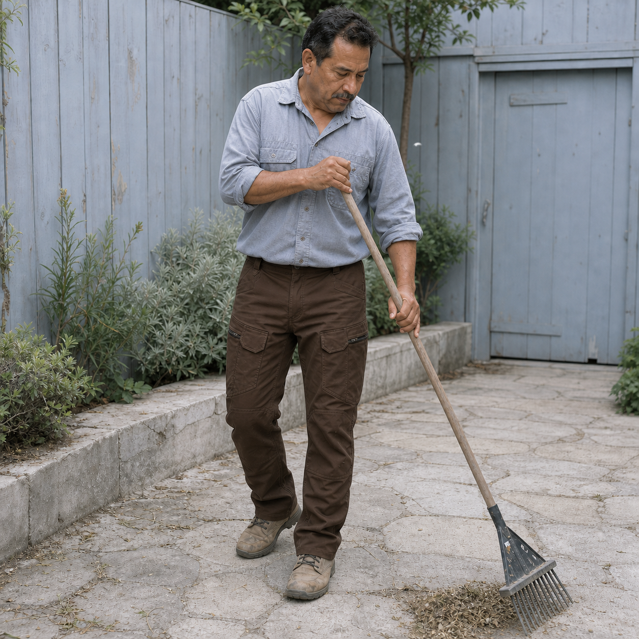 Brown cargo pants in a bright weekend task scene