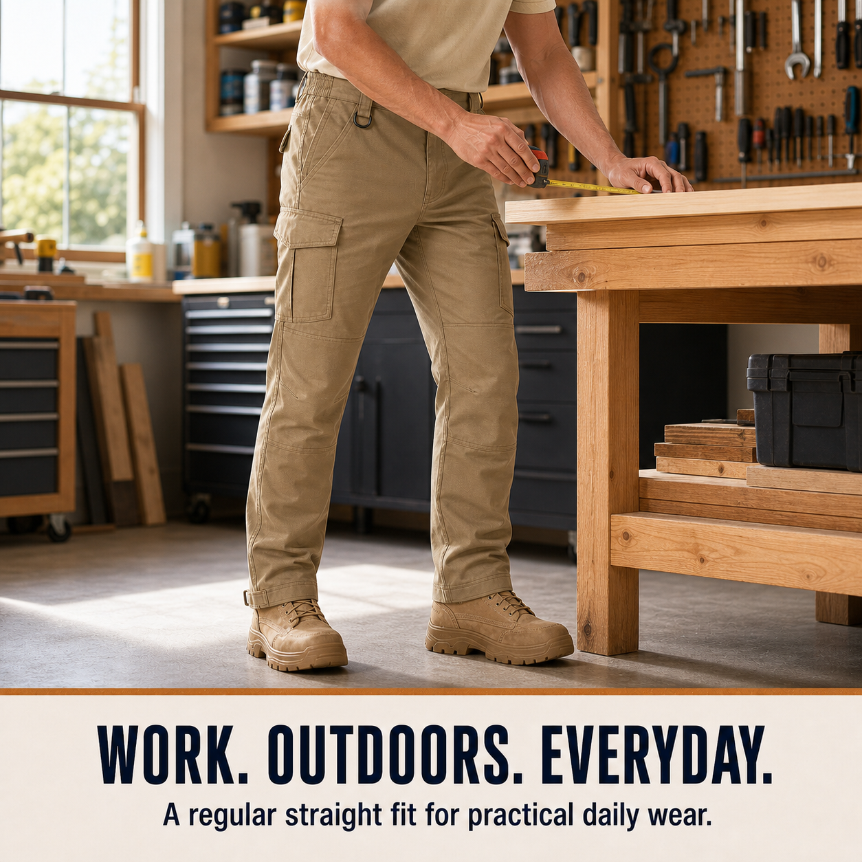 Tactical work pants with partial elastic waist in a weekend utility setting