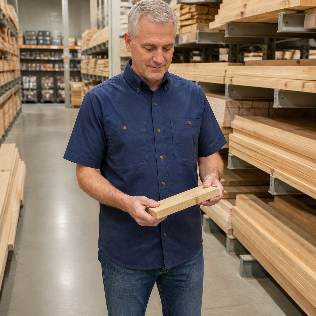 Weathered Steel Blue dual-pocket button-down work shirt in a lumber aisle