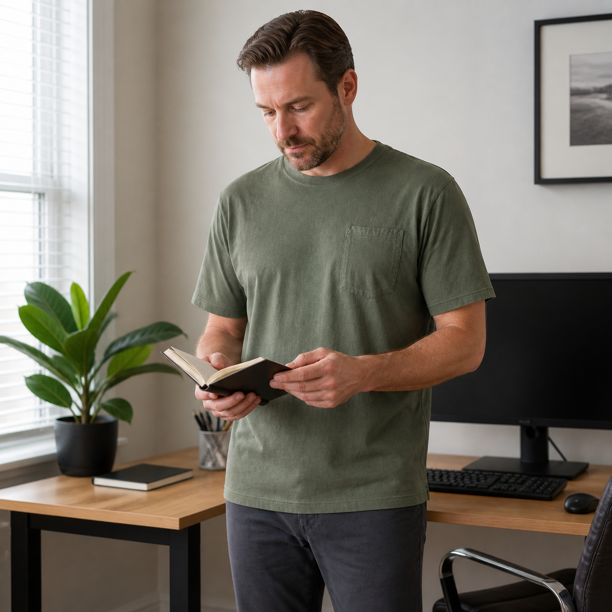 Dusty olive pocket T-shirt in a real home office