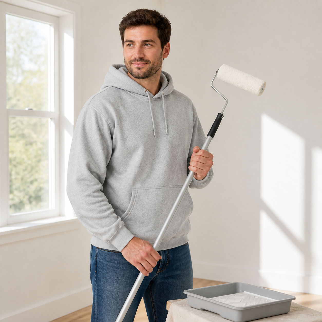 Heather Grey pullover hoodie during a home painting project
