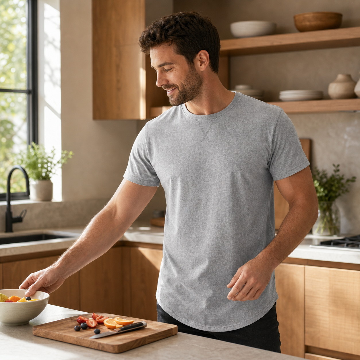 Gray Blue longline X-stitch T-shirt in a home kitchen