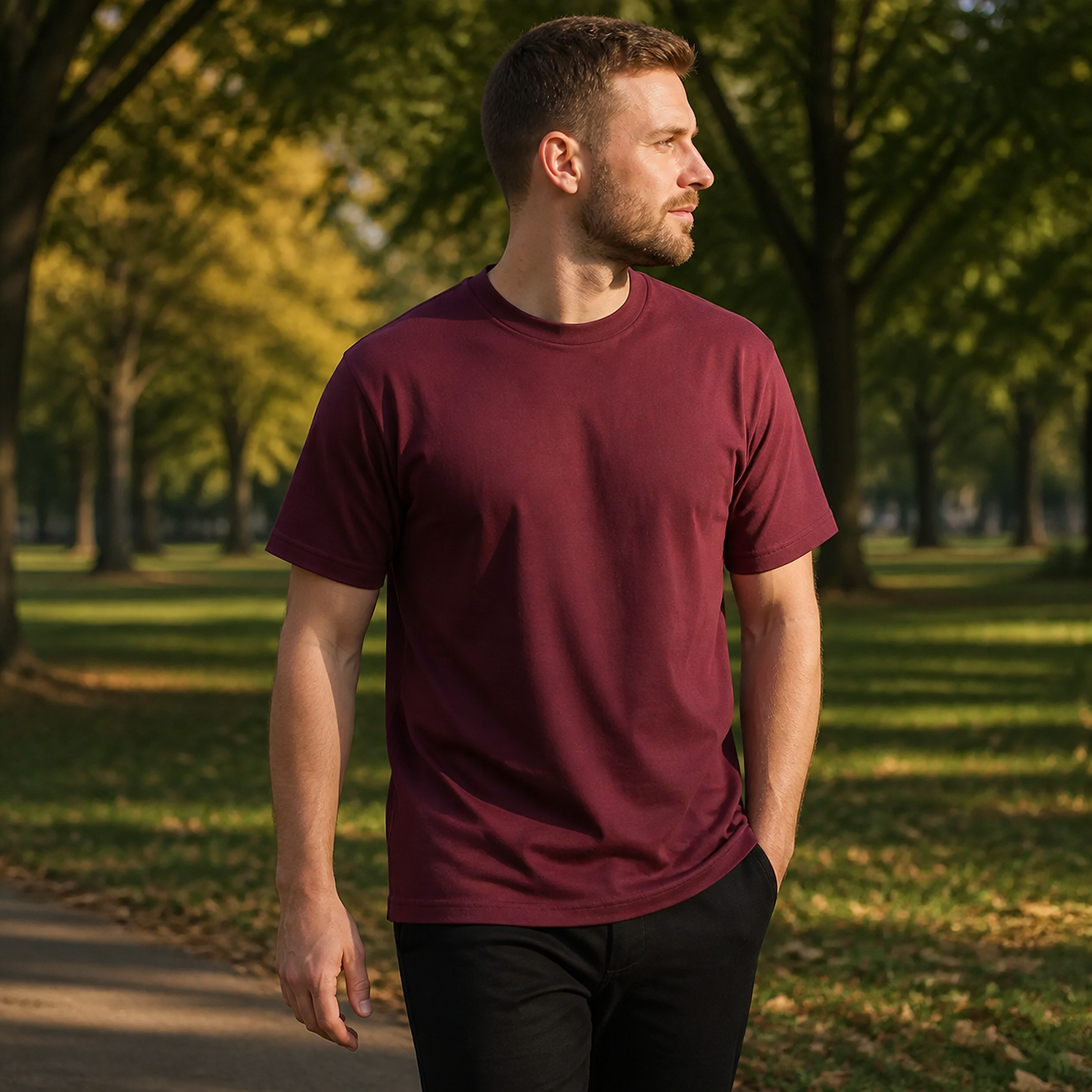 Maroon heavyweight classic-fit T-shirt for a weekend park walk