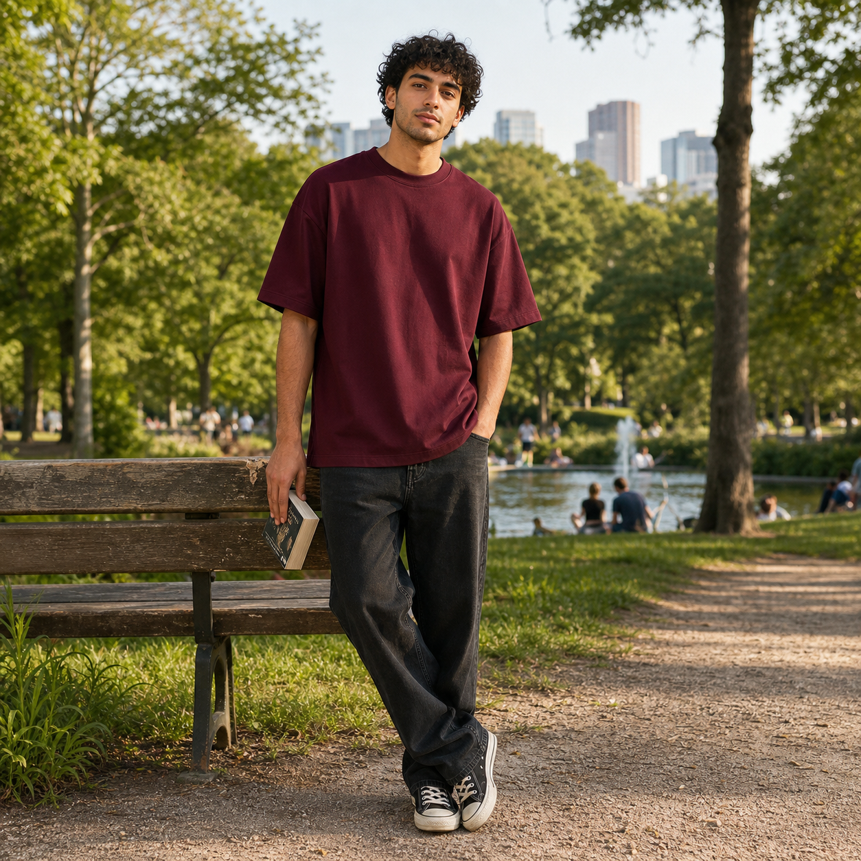 Deep Burgundy heavyweight oversized cotton T-shirt for a weekend park outing