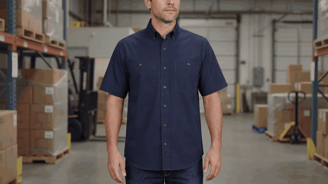 Three moving views of a navy short-sleeve work shirt showing a model turning, two buttoned chest pockets in a flat lay, and a hand passing over the lower front above the curved hem.