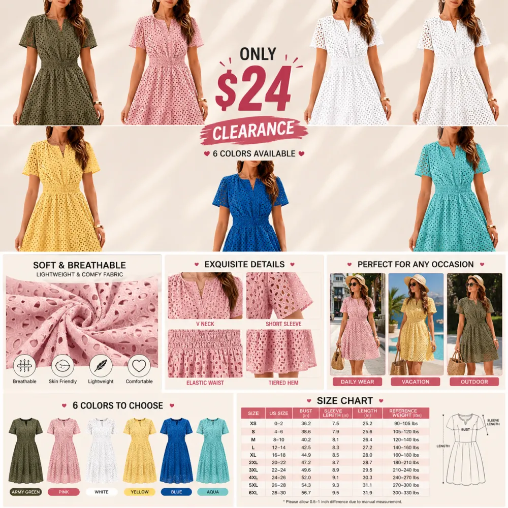 [XS-6XL]Women’s V-Neck Lace Dress – Elegant Summer Vacation Beach Dress