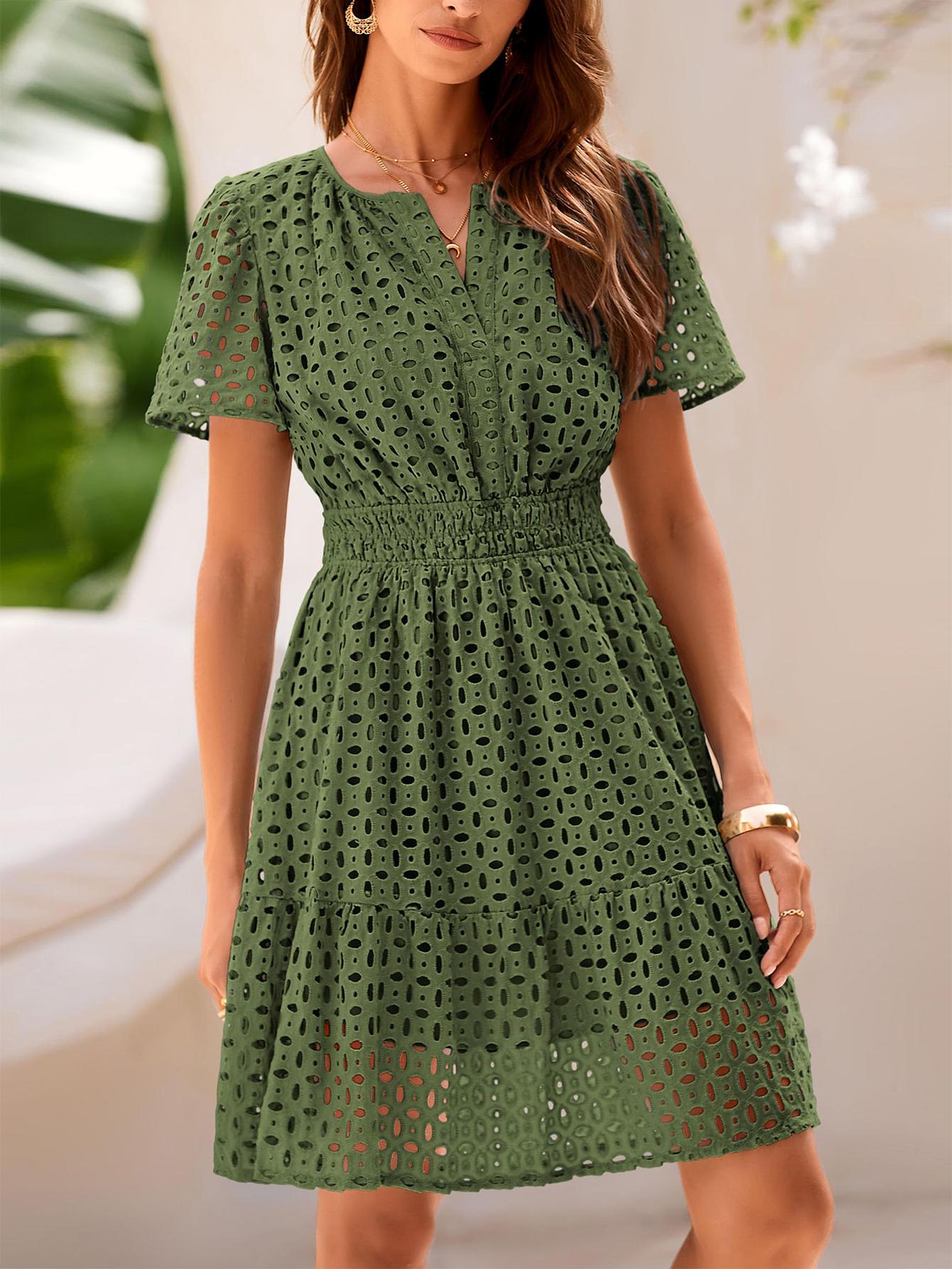 PrettyGarden Women Summer Short Dress V Neck Short Sleeve A Line Hollow Out Lace Ruffle Cute Casual Beach Party Formal Dresses,-Chic Womenswear Army Green Basic