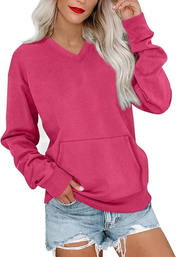 Women's V-Neck Fleece Sweatshirt – Oversized, Pocket, No Hood, Soft & Comfy