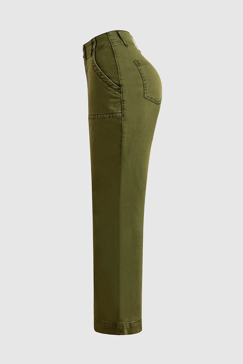 Double Button Mid Waist Straight Leg Pants