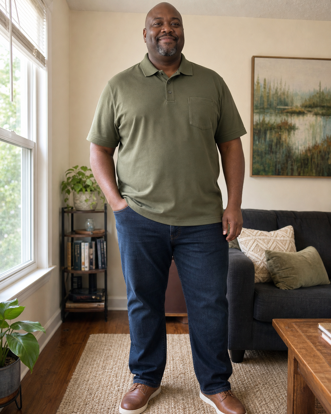 Plus-size model wearing the Moss Olive classic-fit piqué pocket polo shirt in a sunlit living room