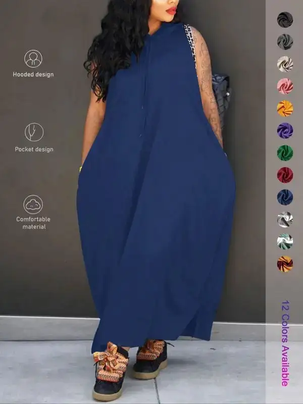 Women's Plain Drawstring Hooded Tank Dress, Casual Pocket Sleeveless Maxi Dress for Summer, Fashion Women's Clothing for Daily Wear