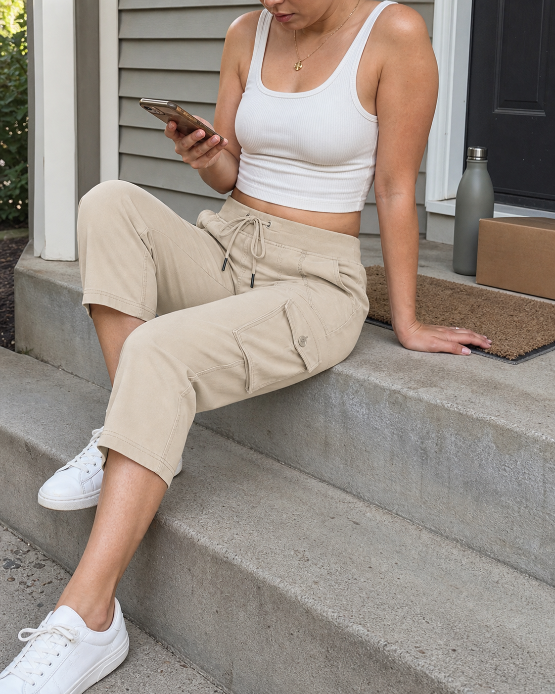 Nina, a petite woman, wearing Khaki Sand stretch cargo capri pants while seated on front porch steps