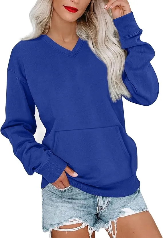 Women's V-Neck Fleece Sweatshirt – Oversized, Pocket, No Hood, Soft & Comfy