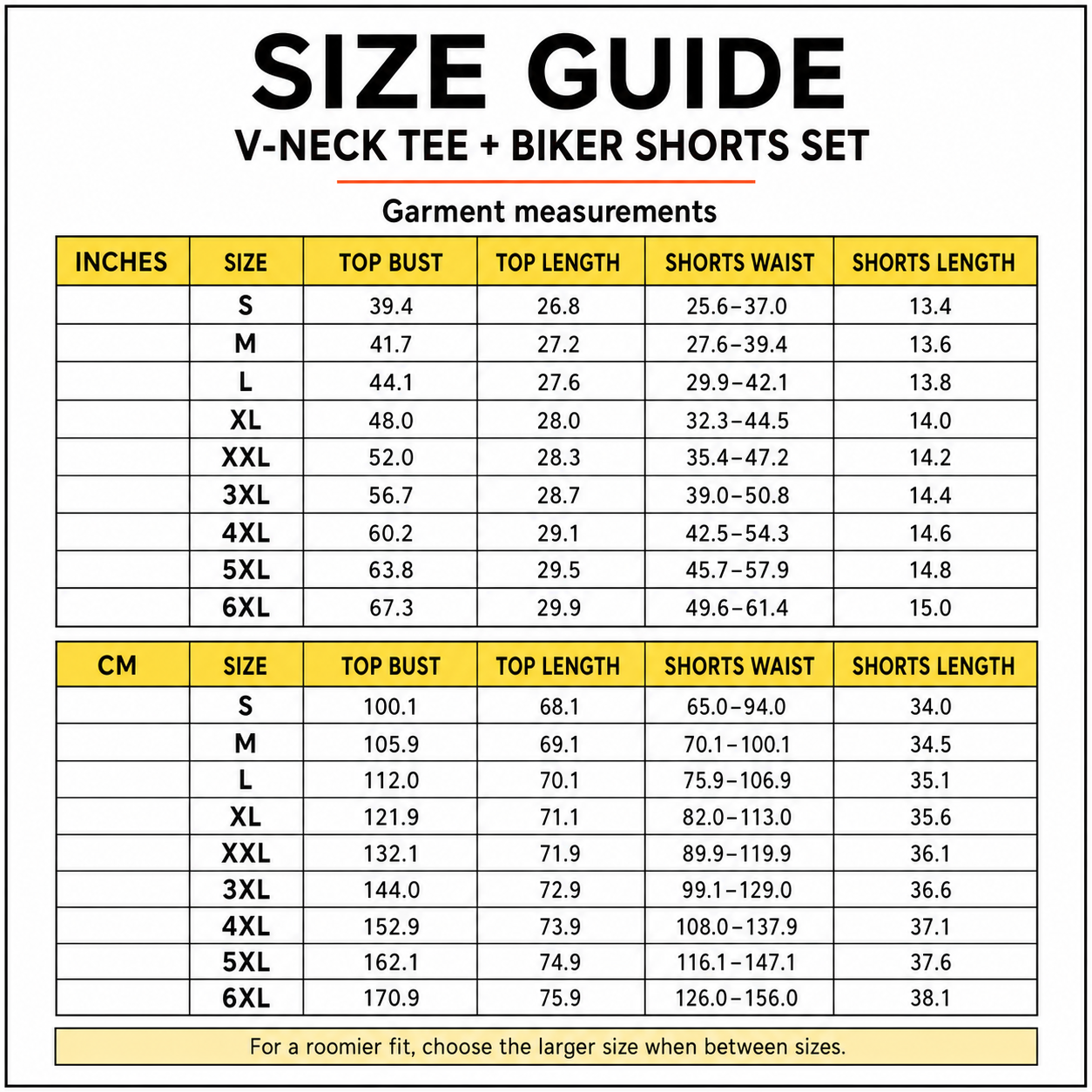 Women's V-neck tee and biker shorts set size guide