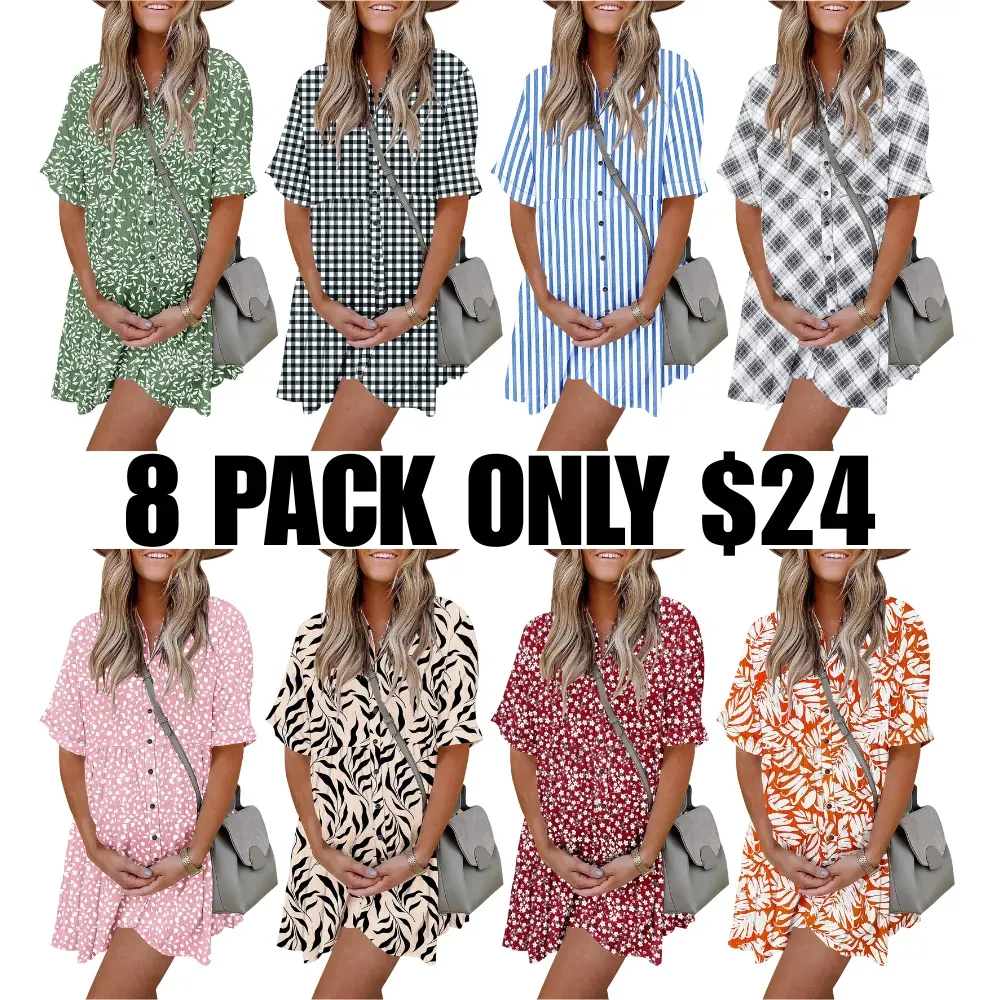 Flowy Babydoll Mini Dress Short Sleeve Button with Pockets