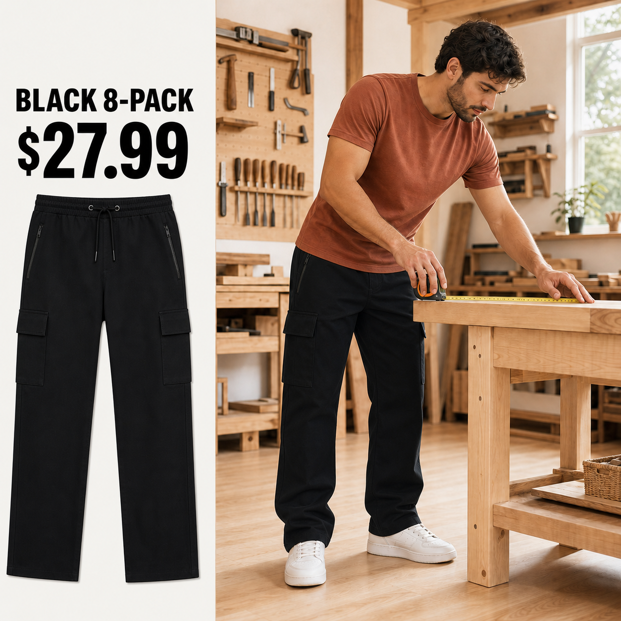 Black cargo pants 8-Pack in a bright woodworking scene