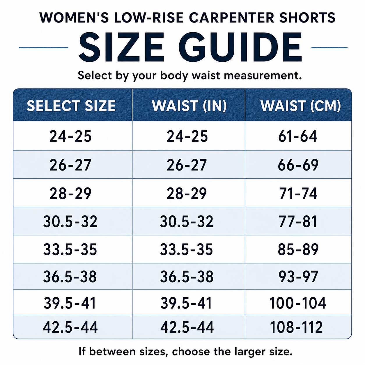 Women’s low-rise carpenter denim shorts size chart XS to 4XL