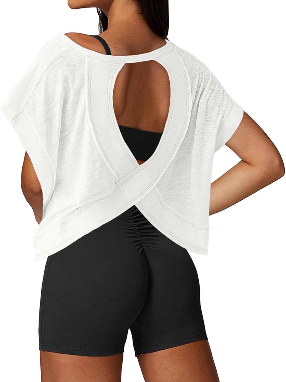UNIANKIYA Open Back Workout Top – Loose Fit Crop Tee, Short Sleeve for Gym, Running & Yoga