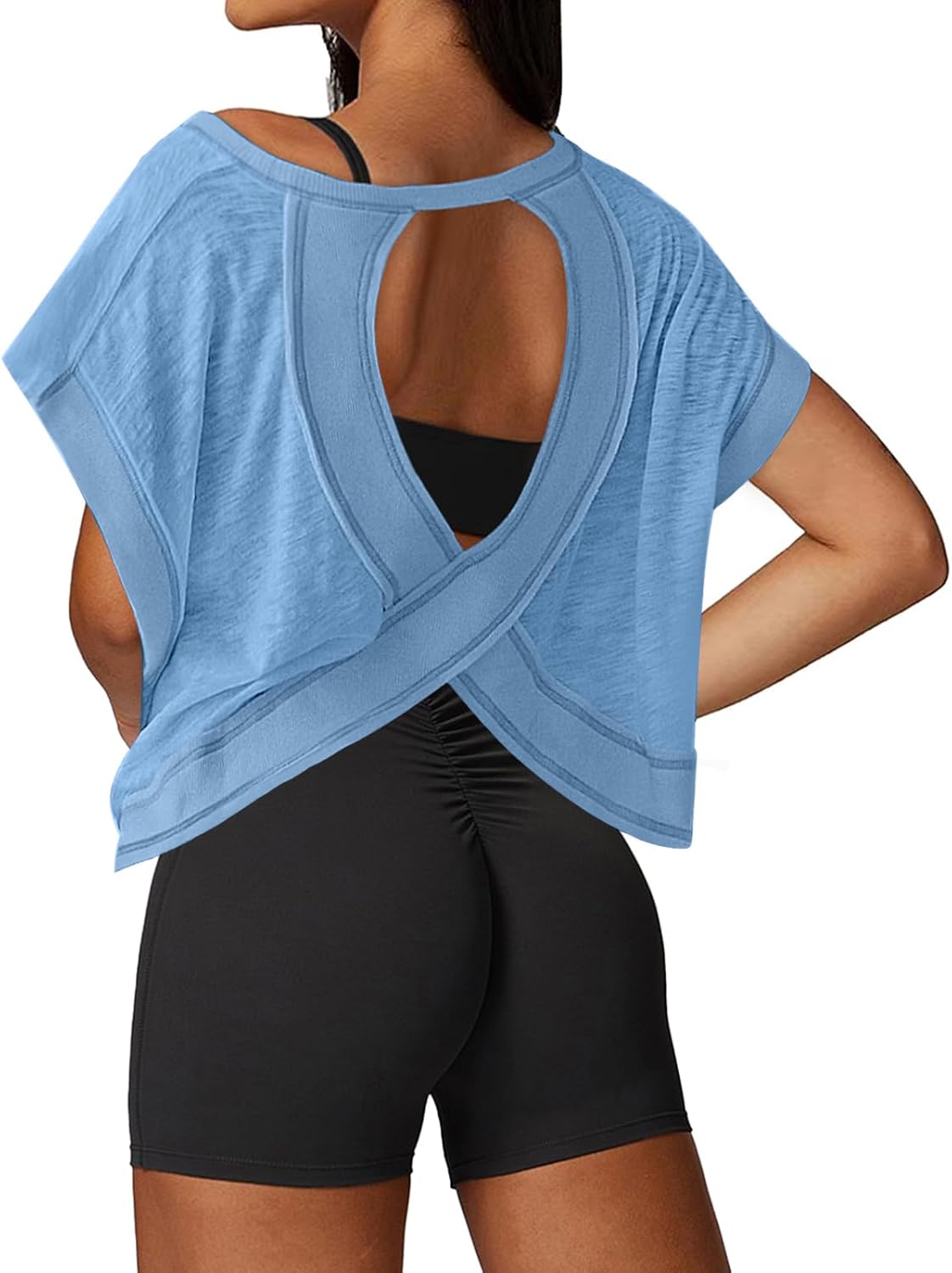 UNIANKIYA Open Back Workout Top – Loose Fit Crop Tee, Short Sleeve for Gym, Running & Yoga