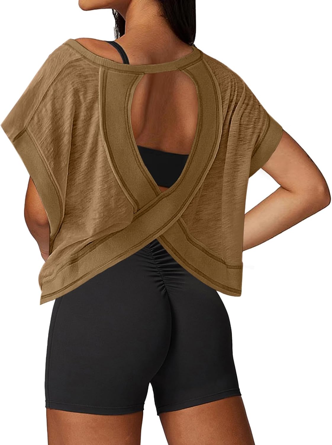UNIANKIYA Open Back Workout Top – Loose Fit Crop Tee, Short Sleeve for Gym, Running & Yoga