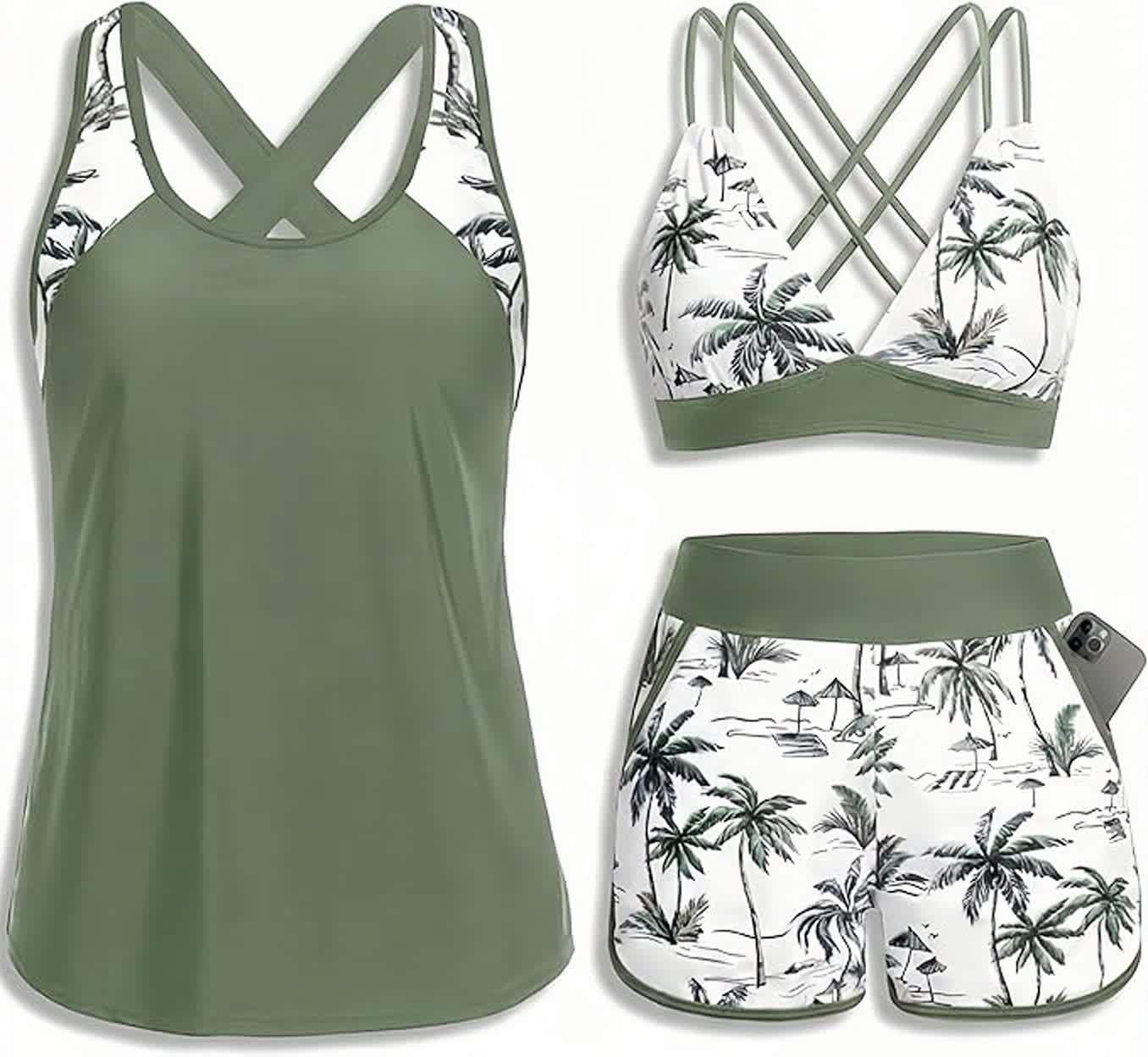 Sporty Tummy Control 3 Piece Tankini Set with Pockets