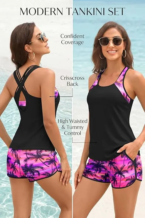 Sporty Tummy Control 3 Piece Tankini Set with Pockets