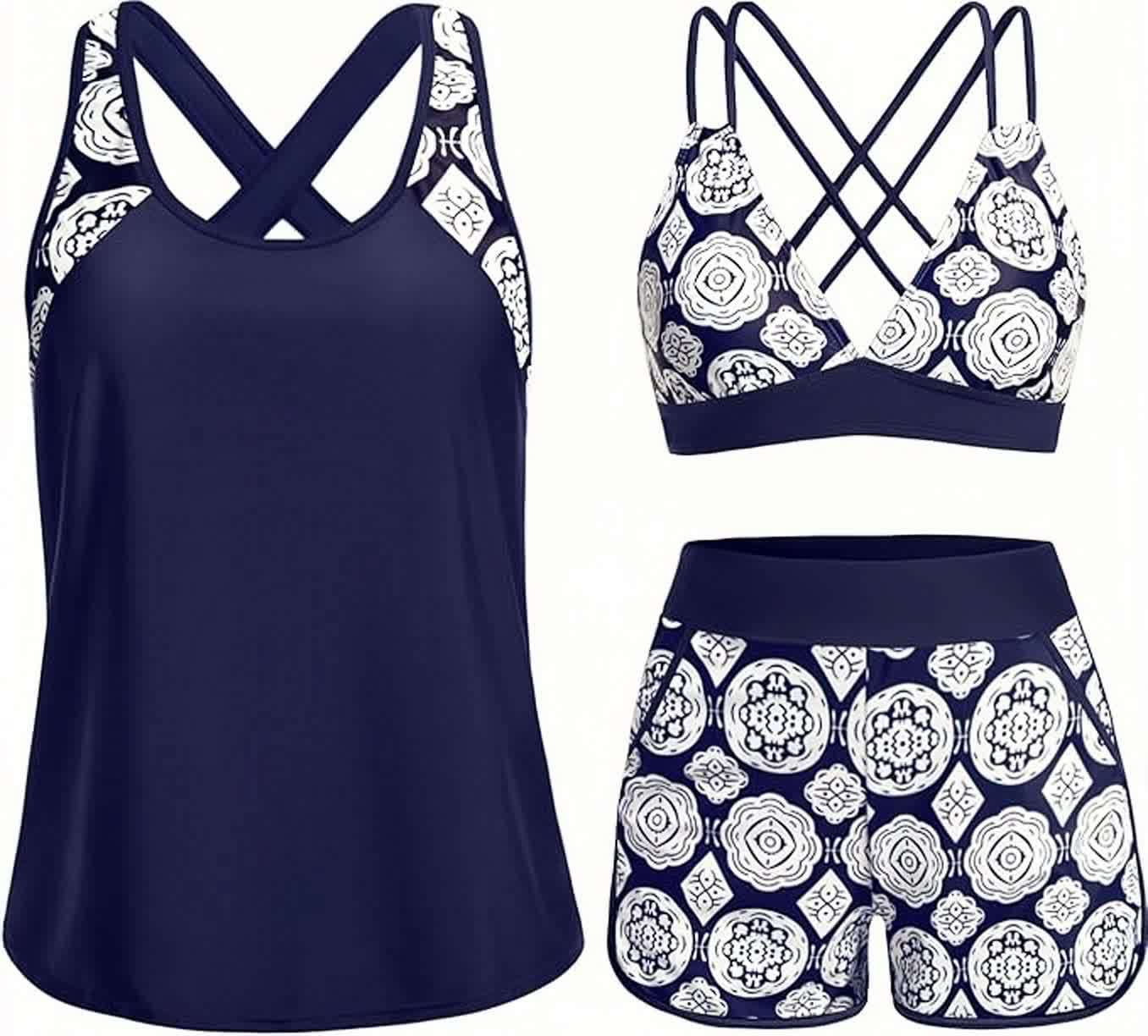 Sporty Tummy Control 3 Piece Tankini Set with Pockets