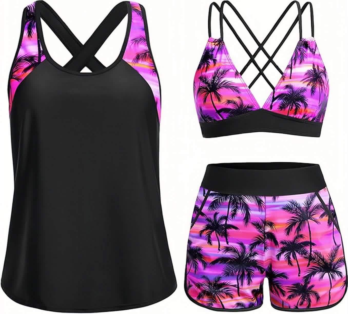 Sporty Tummy Control 3 Piece Tankini Set with Pockets