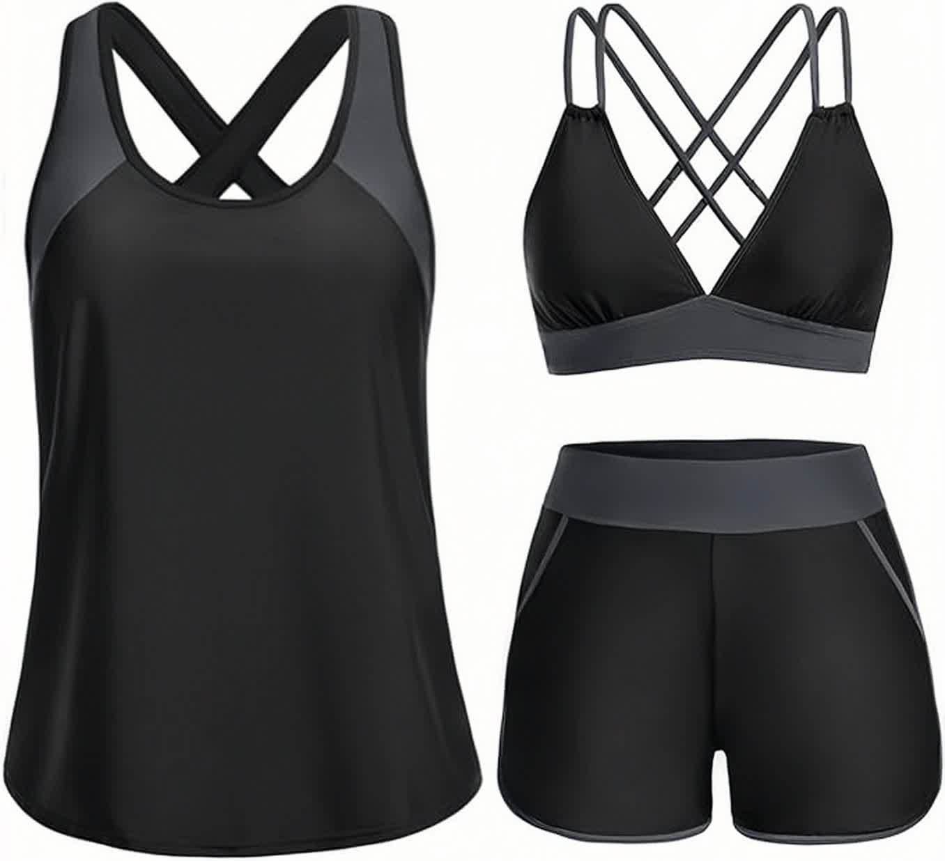 Sporty Tummy Control 3 Piece Tankini Set with Pockets