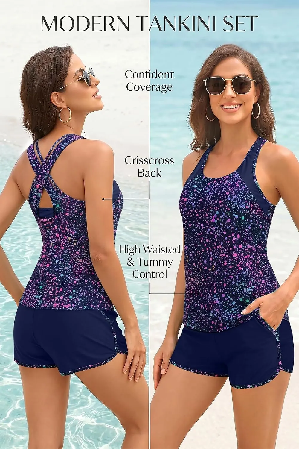 Sporty Tummy Control 3 Piece Tankini Set with Pockets