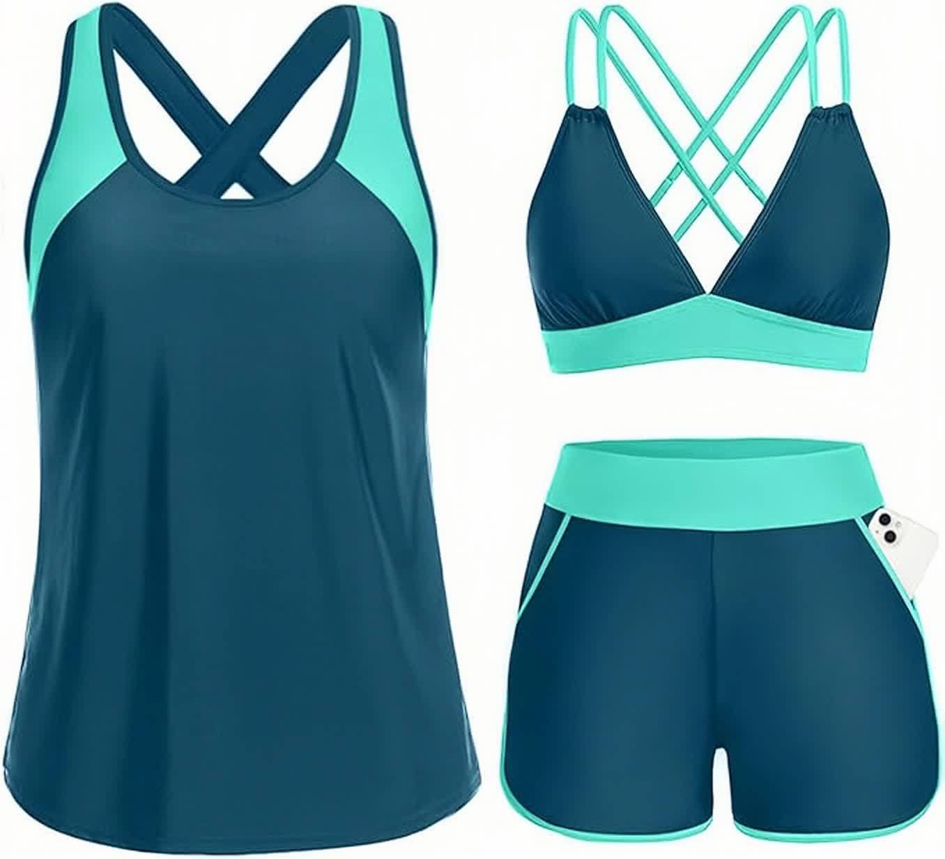 Sporty Tummy Control 3 Piece Tankini Set with Pockets
