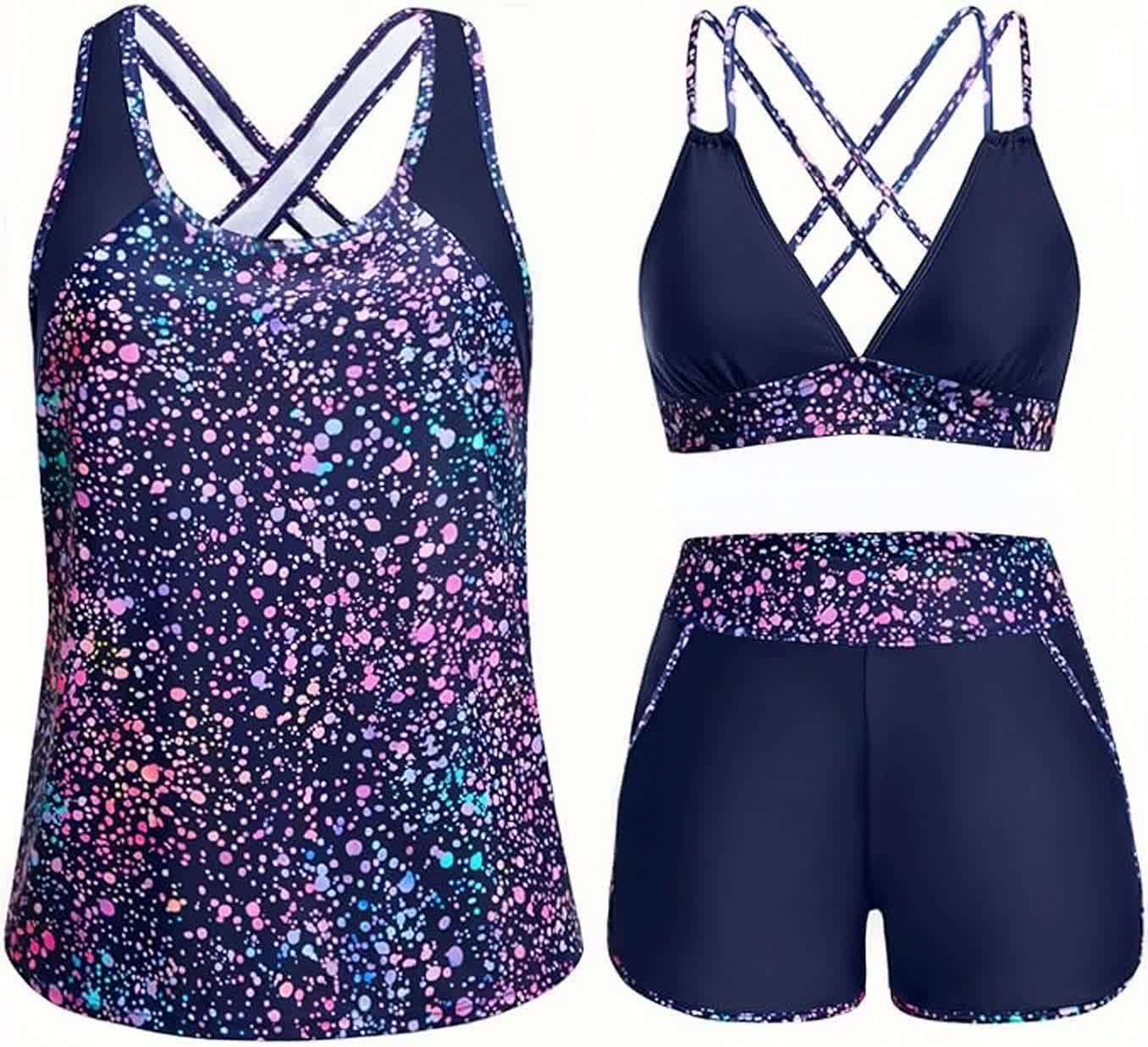 Sporty Tummy Control 3 Piece Tankini Set with Pockets