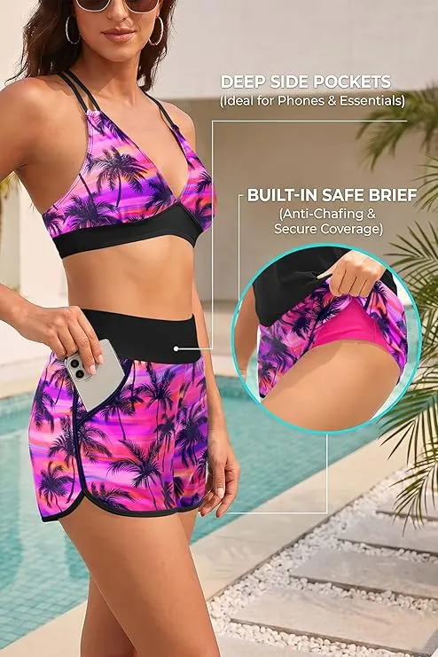 Sporty Tummy Control 3 Piece Tankini Set with Pockets