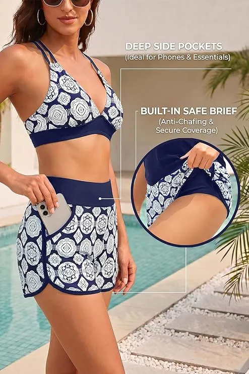 Sporty Tummy Control 3 Piece Tankini Set with Pockets
