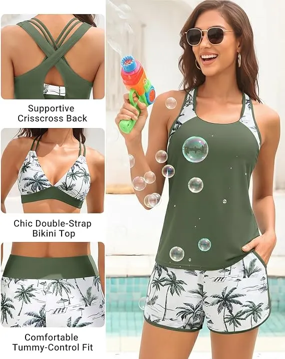 Sporty Tummy Control 3 Piece Tankini Set with Pockets